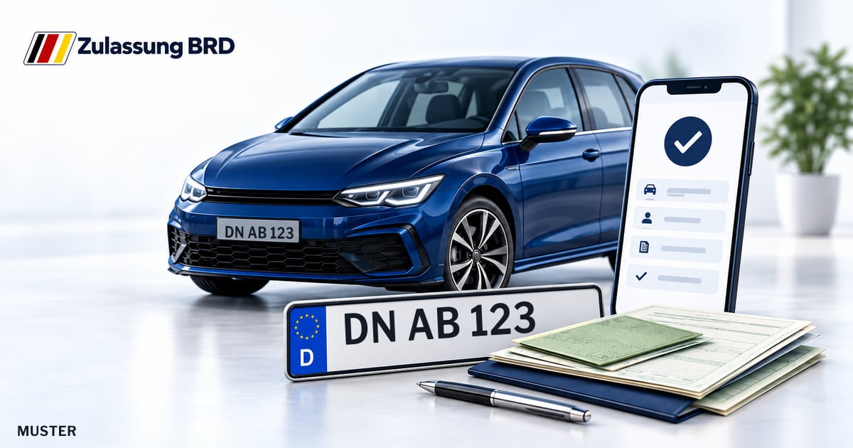 Online Fahrzeugzulassung in Merzenich: Musterkennzeichen DN AB 123, Auto und Fahrzeugpapiere und Smartphone. Illustration mit Logo von Zulassung BRD.